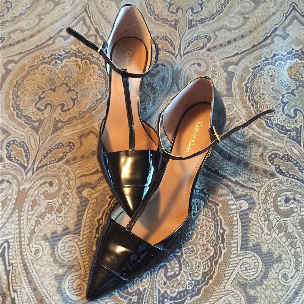 Calvin Klein patent leather t strap pumps